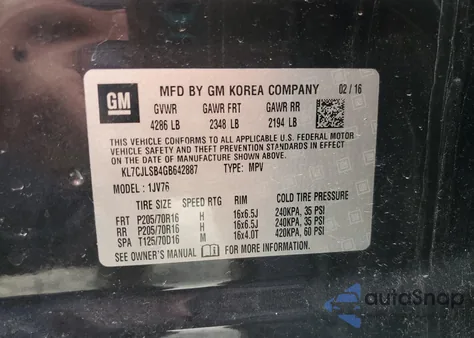 2016 Chevrolet Trax 1Lt из США, поврежденный, VIN KL7CJLSB4GB642887